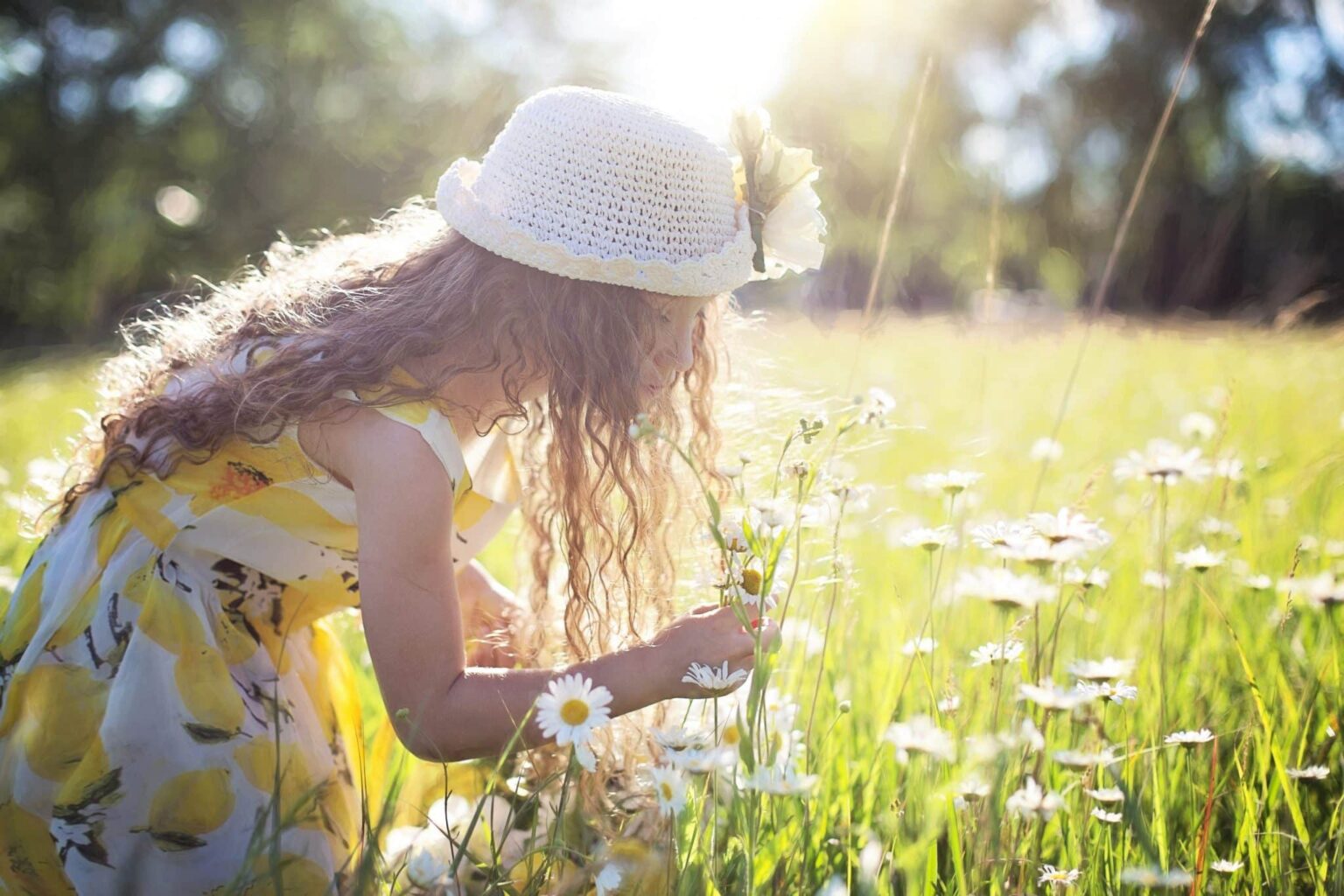 Little girl smelling flowers in a field.